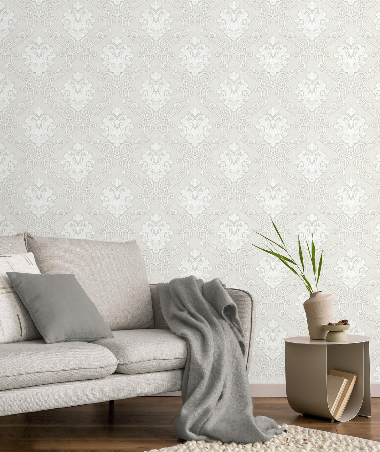 York Florentine White Damask Wallpaper