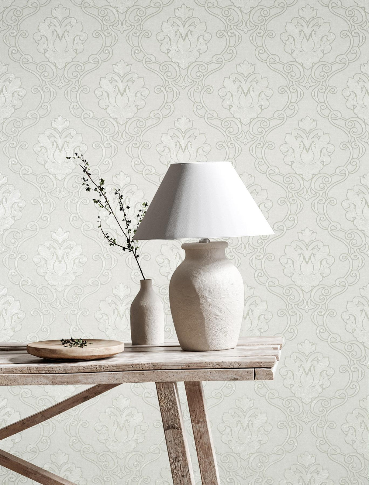 York Florentine White Damask Wallpaper