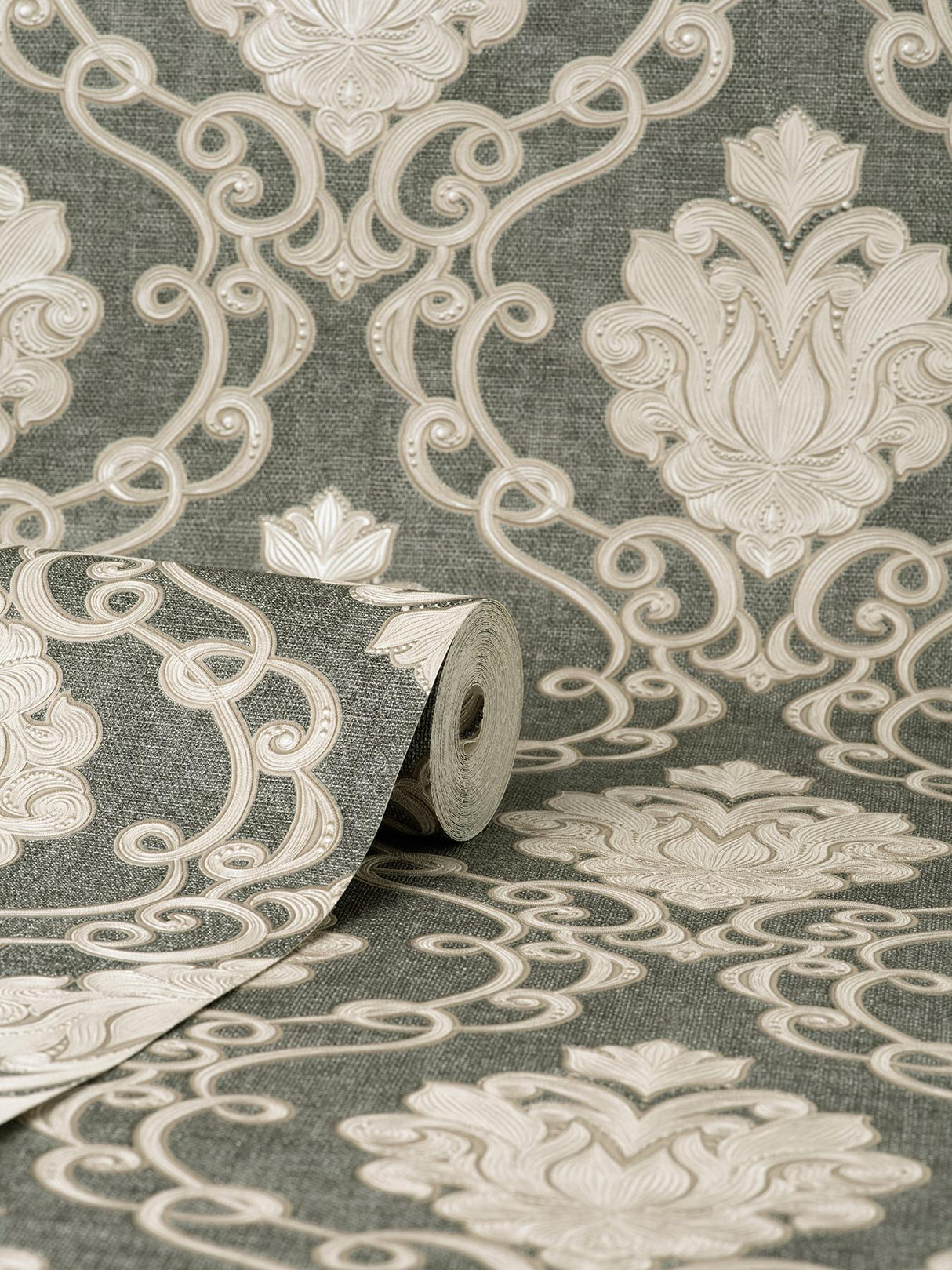 York Florentine Charcoal Damask Wallpaper