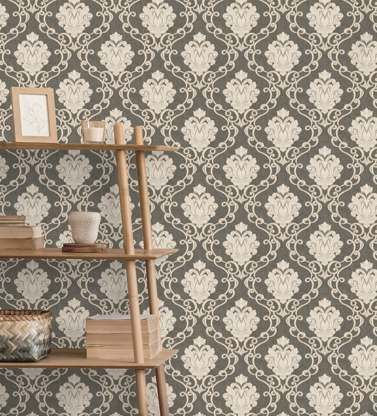 York Florentine Charcoal Damask Wallpaper