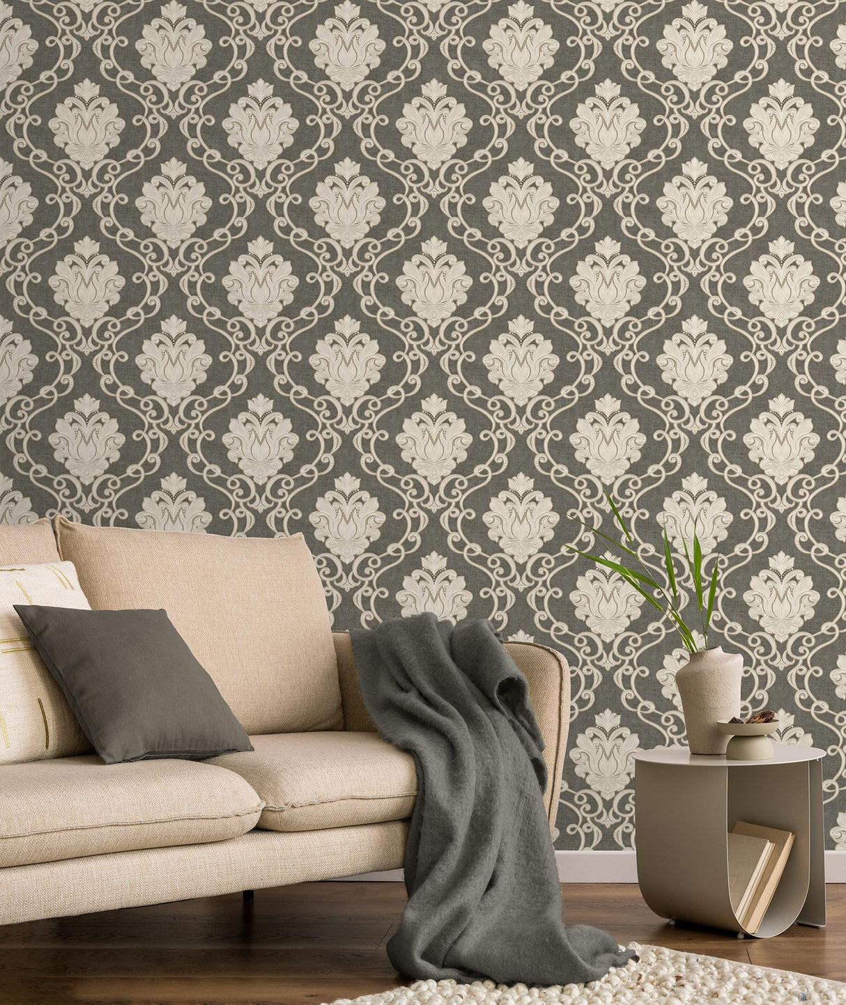 York Florentine Charcoal Damask Wallpaper