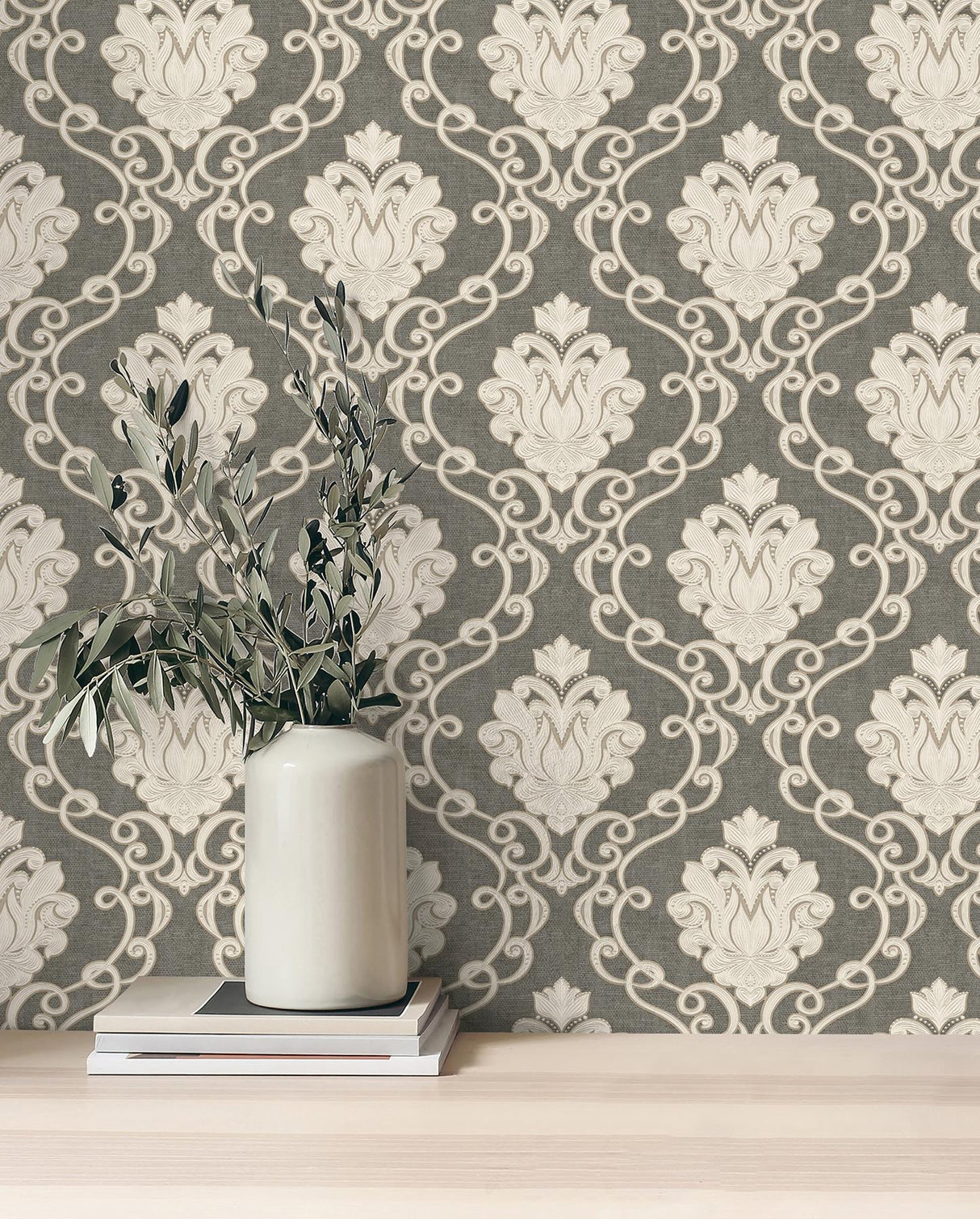 York Florentine Charcoal Damask Wallpaper