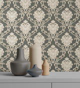 York Florentine Charcoal Damask Wallpaper