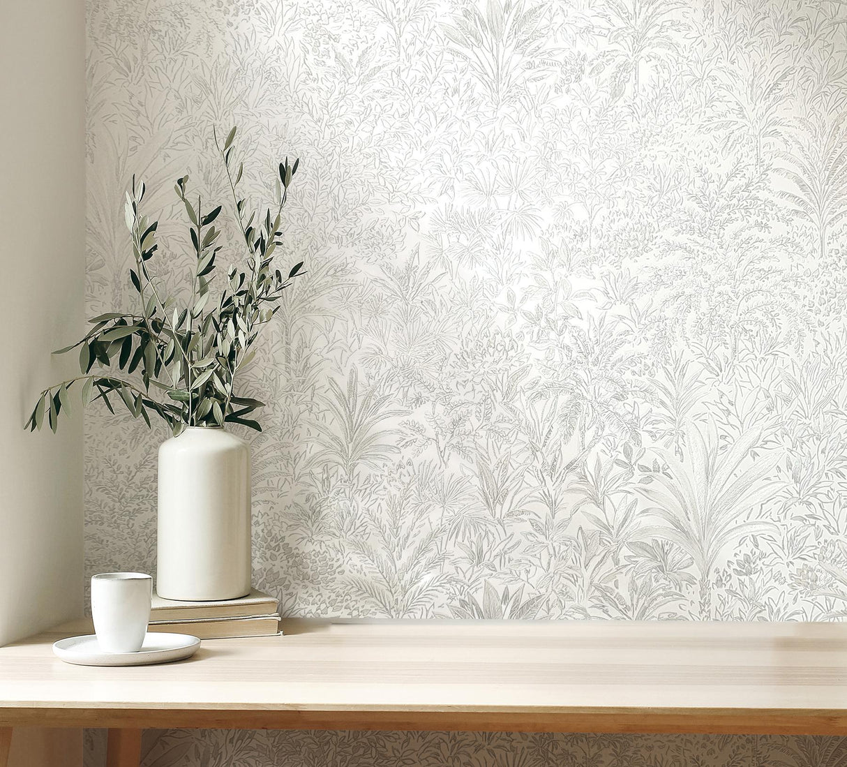 York Meilani White & Silver Palm Landscape Wallpaper