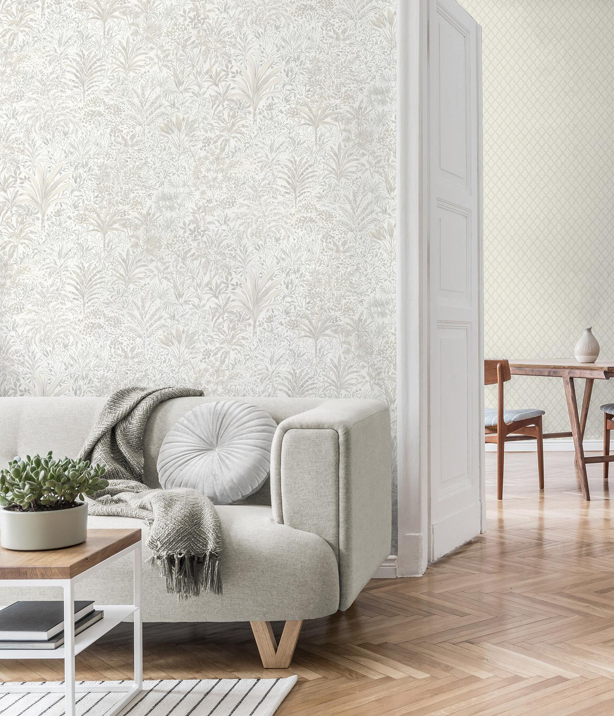 York Meilani White & Silver Palm Landscape Wallpaper