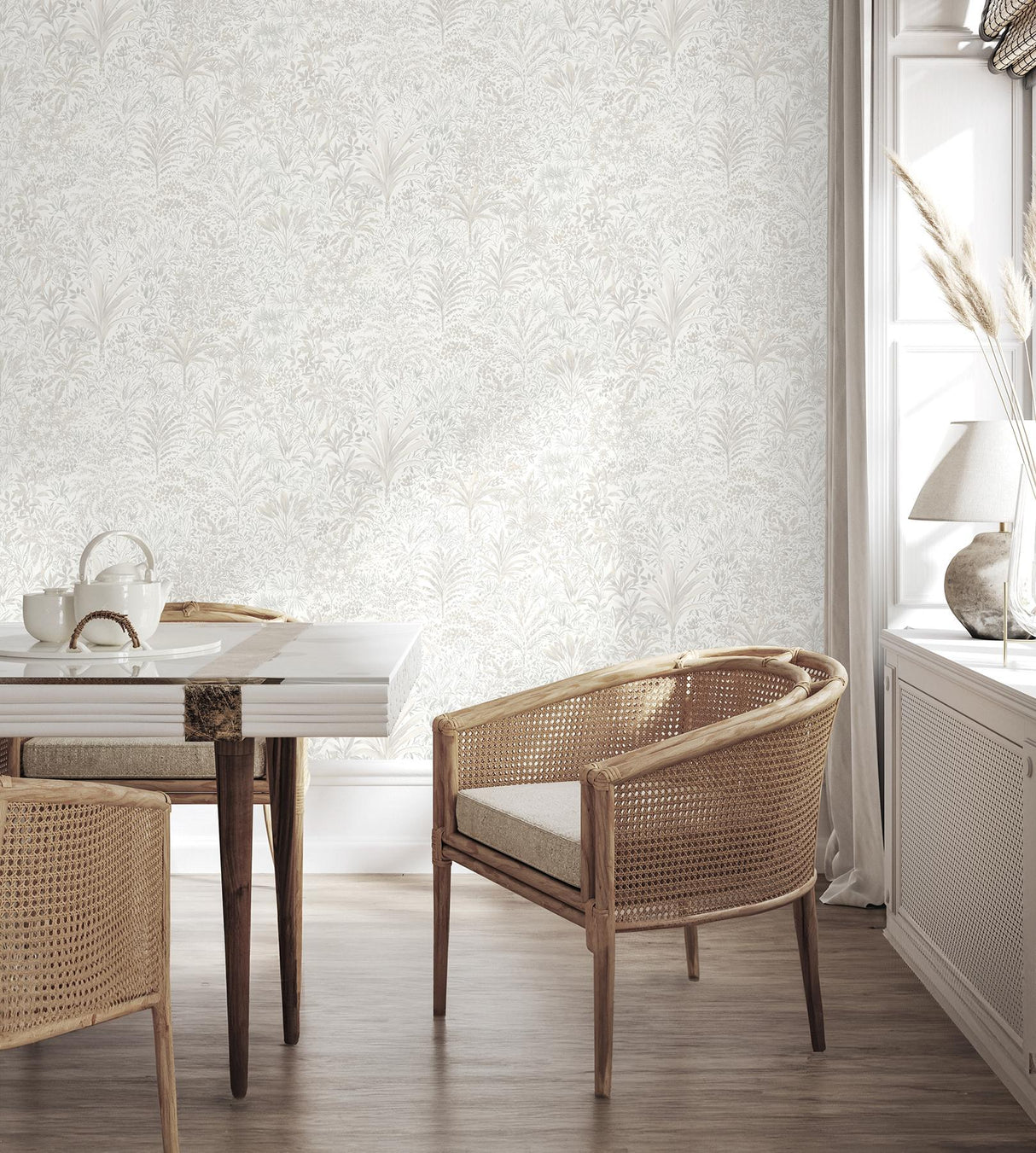 York Meilani White & Silver Palm Landscape Wallpaper