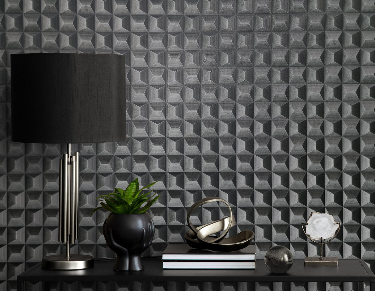 York Romero Black 3D Geometric Wallpaper