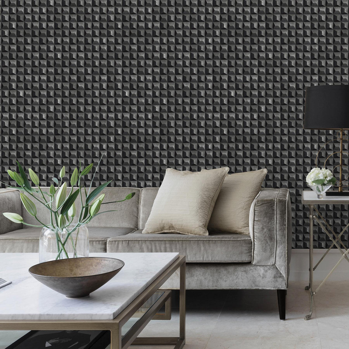 York Romero Black 3D Geometric Wallpaper