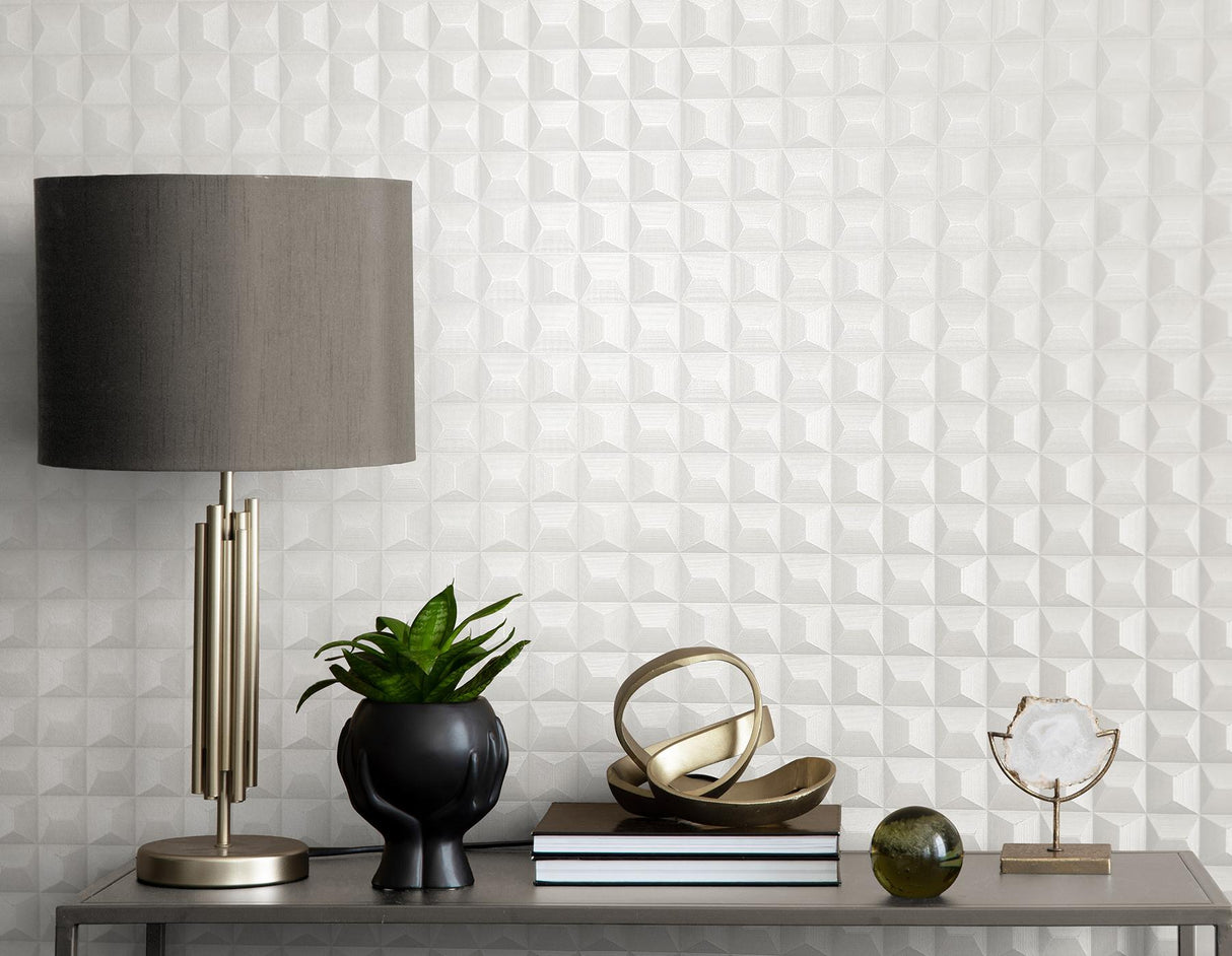 York Romero White 3D Geometric Wallpaper