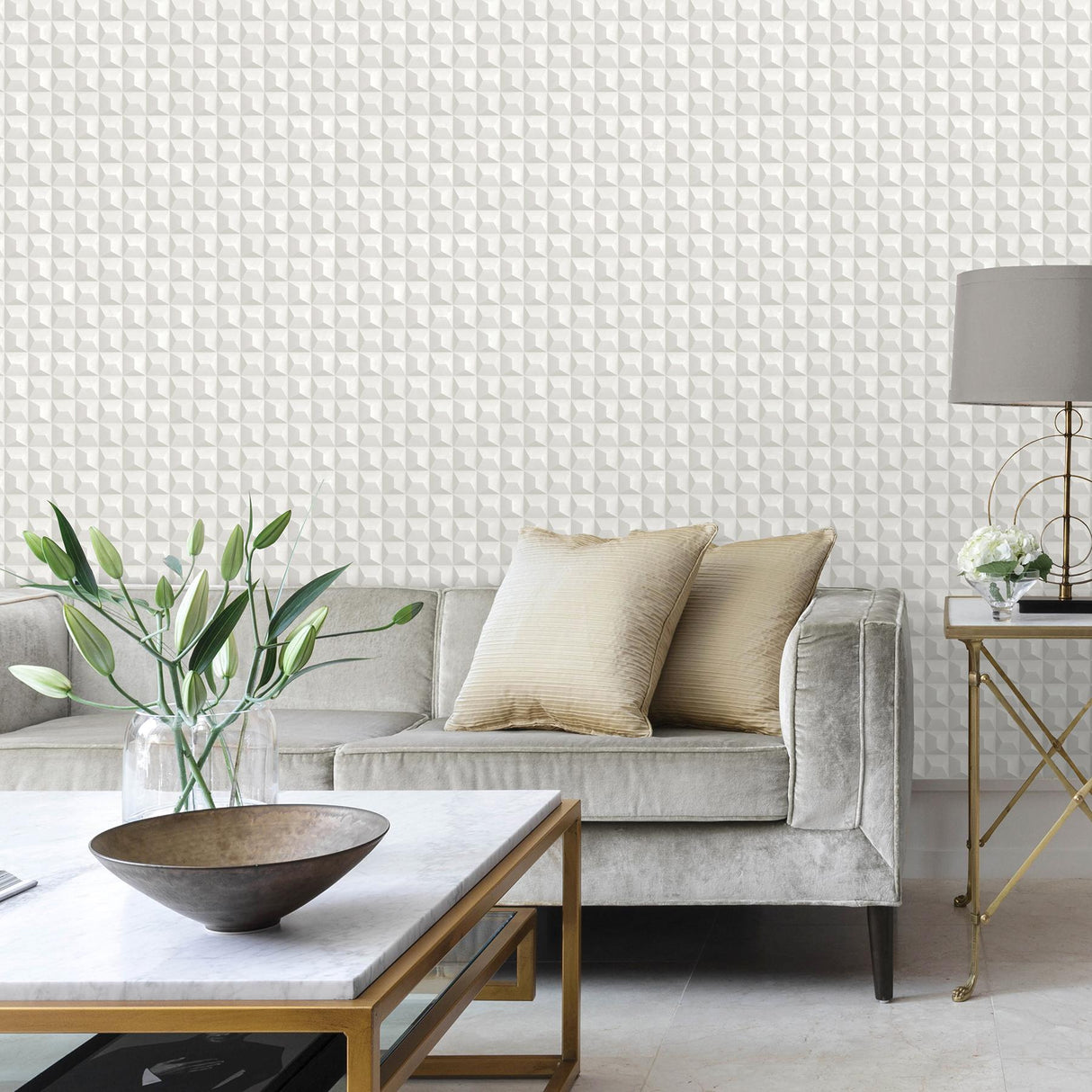 York Romero White 3D Geometric Wallpaper