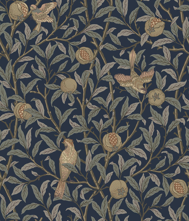York Bird and Pomegranate Indigo Peel and Stick Wallpaper