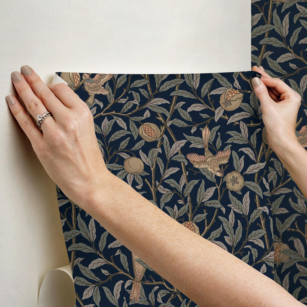 York Bird and Pomegranate Indigo Peel and Stick Wallpaper