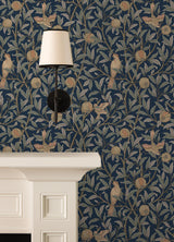 York Bird and Pomegranate Indigo Peel and Stick Wallpaper