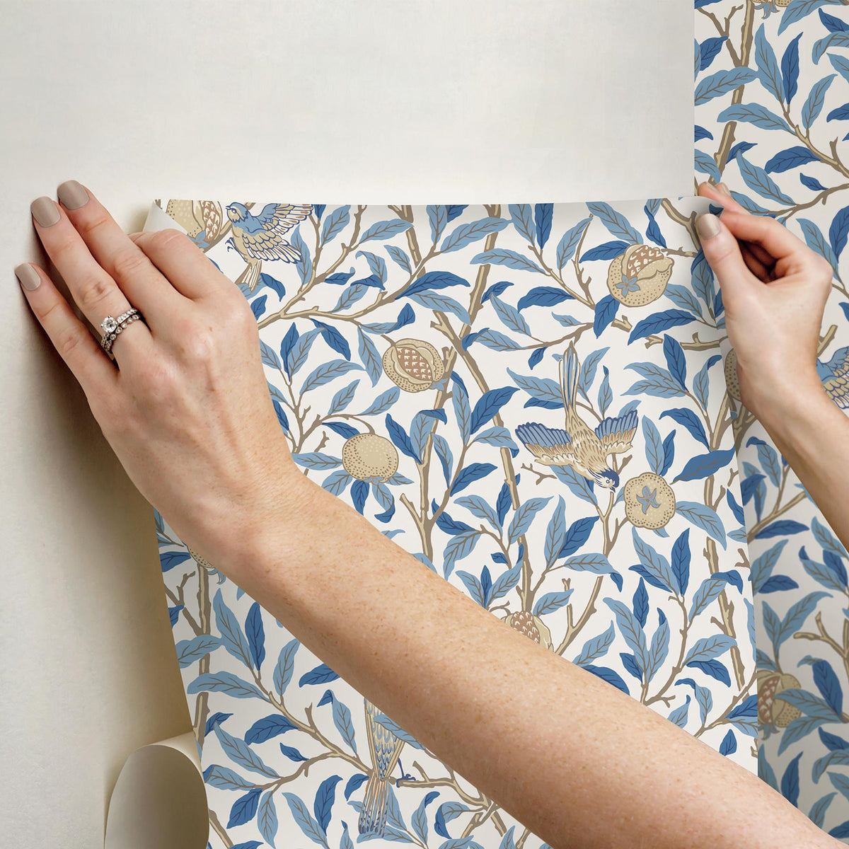 York Bird and Pomegranate Woad Peel and Stick Wallpaper