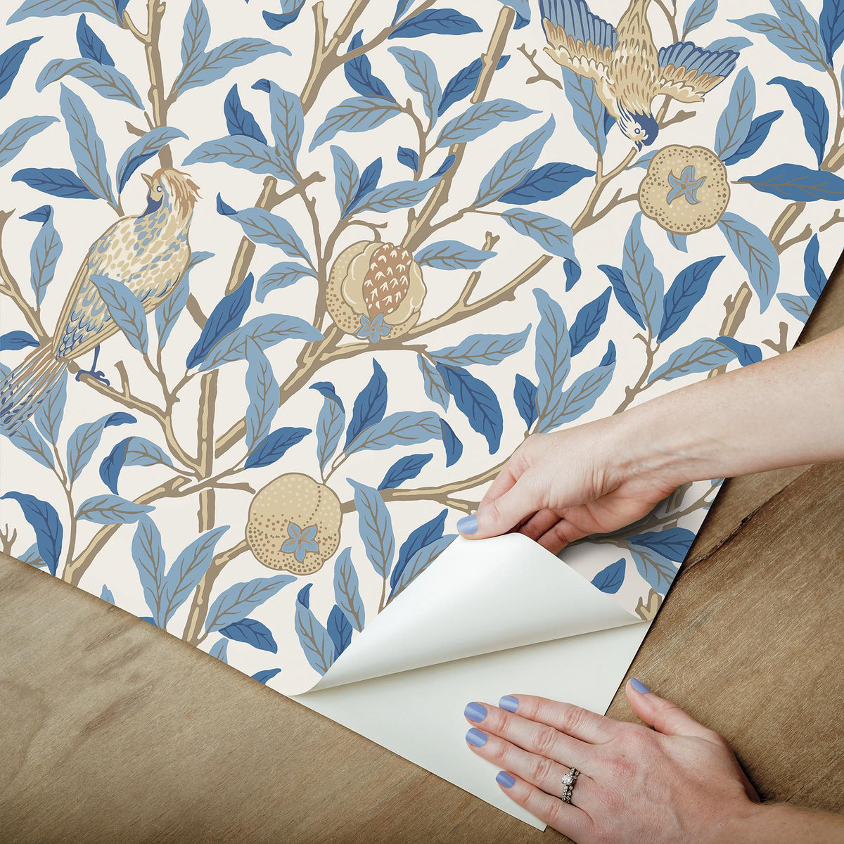 York Bird and Pomegranate Woad Peel and Stick Wallpaper