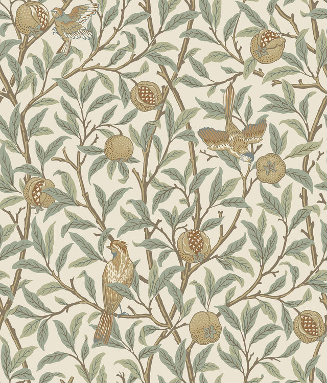 York Bird and Pomegranate Linen and Sage Peel and Stick Wallpaper
