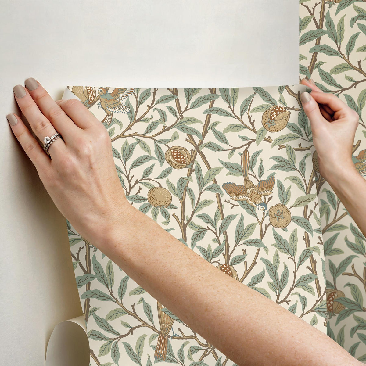 York Bird and Pomegranate Linen and Sage Peel and Stick Wallpaper