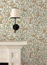 York Bird and Pomegranate Linen and Sage Peel and Stick Wallpaper