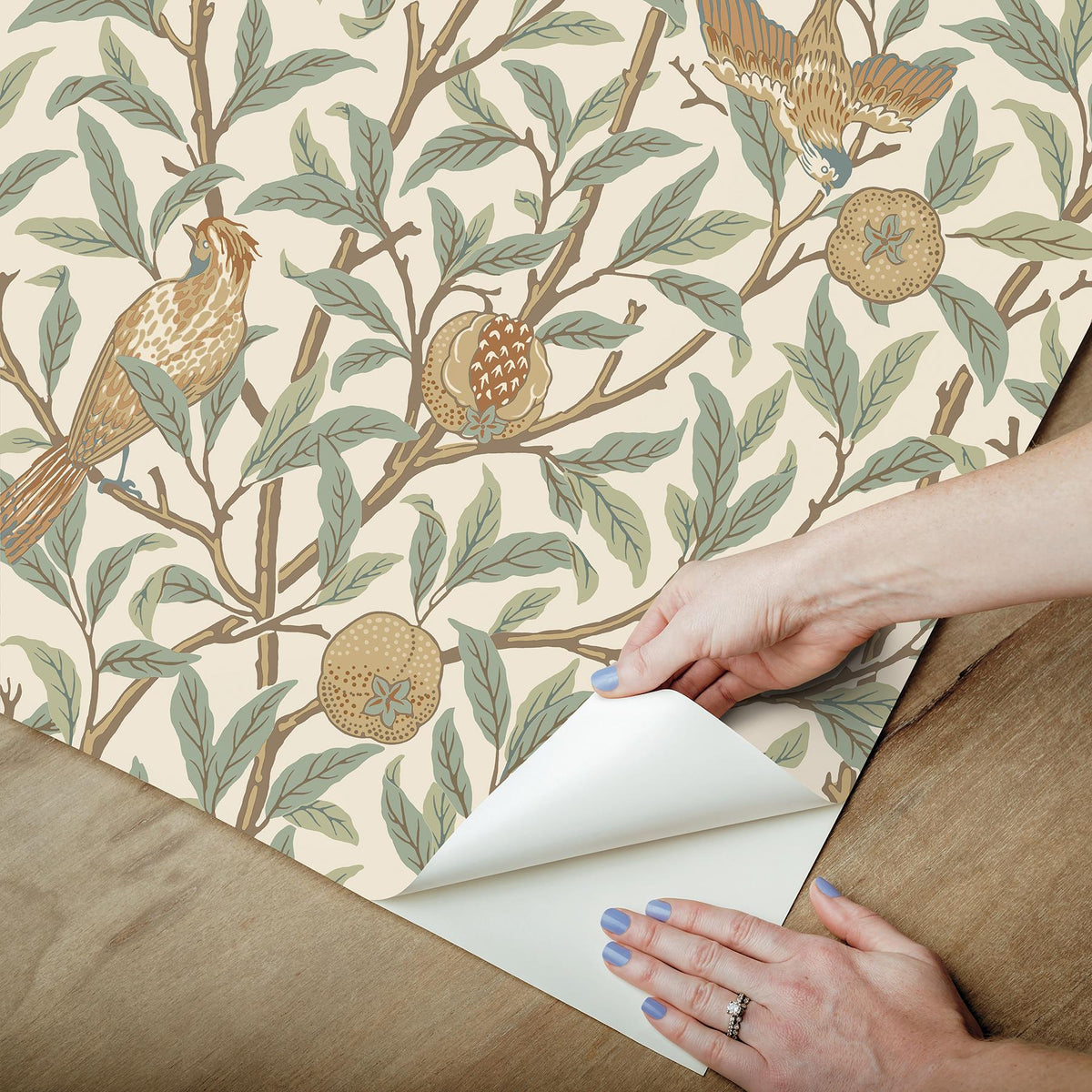 York Bird and Pomegranate Linen and Sage Peel and Stick Wallpaper