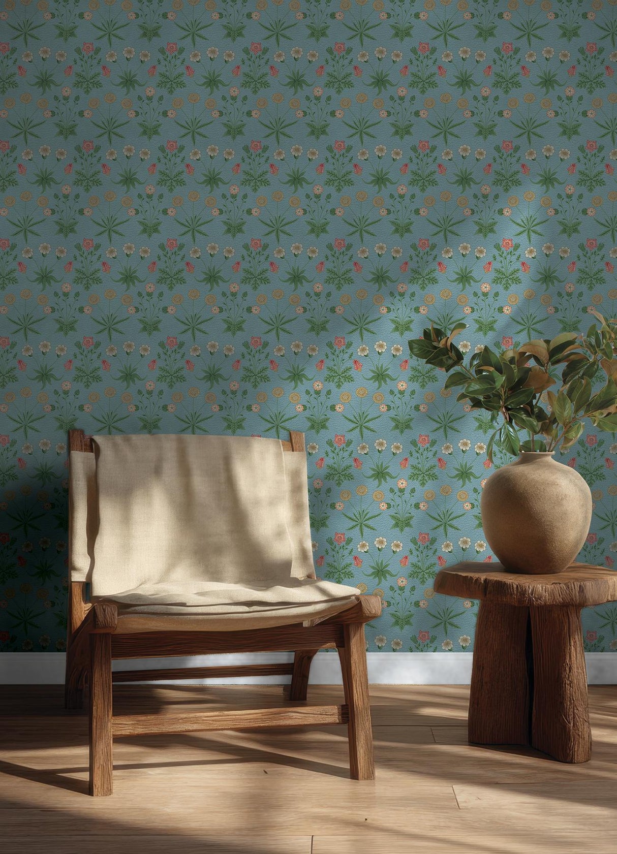 York Daisy Wedgwood and Coral Peel and Stick Wallpaper