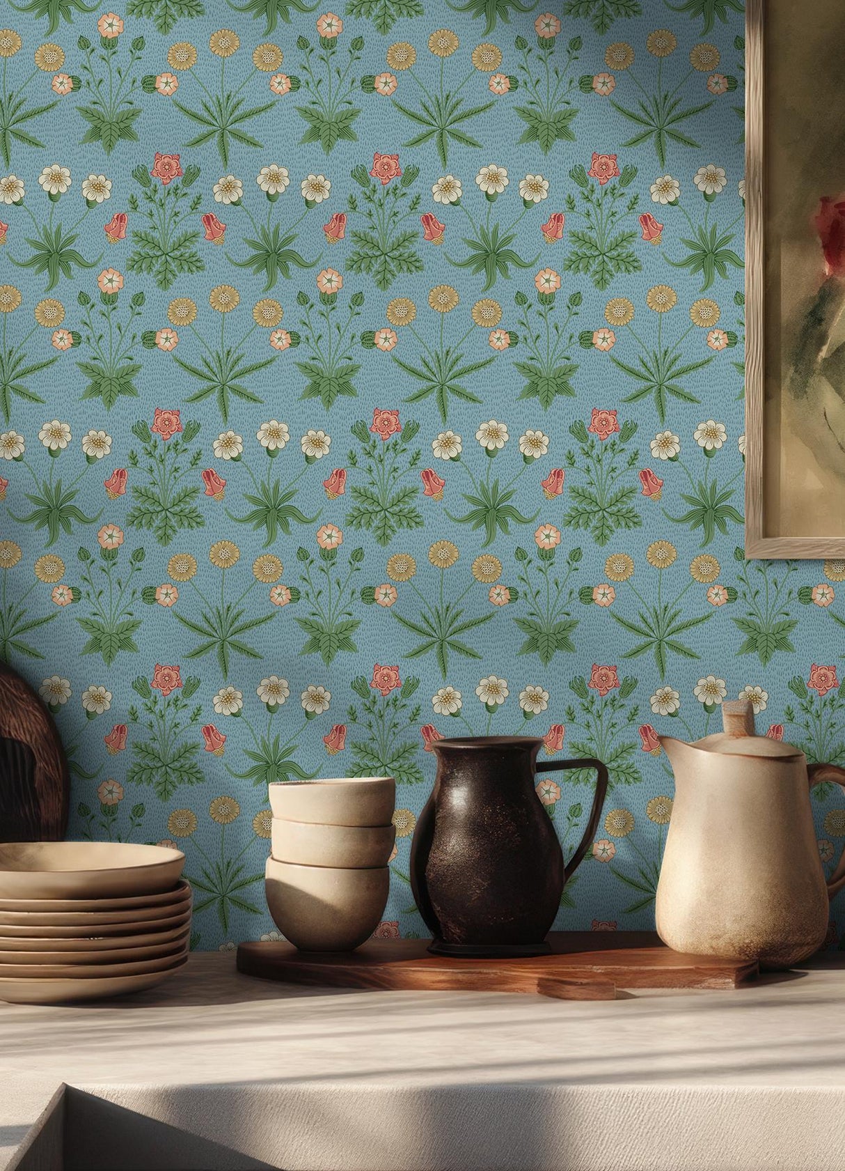 York Daisy Wedgwood and Coral Peel and Stick Wallpaper