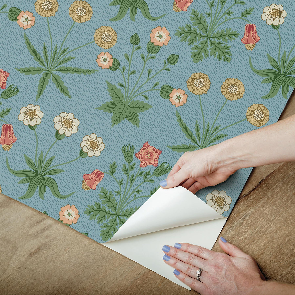 York Daisy Wedgwood and Coral Peel and Stick Wallpaper