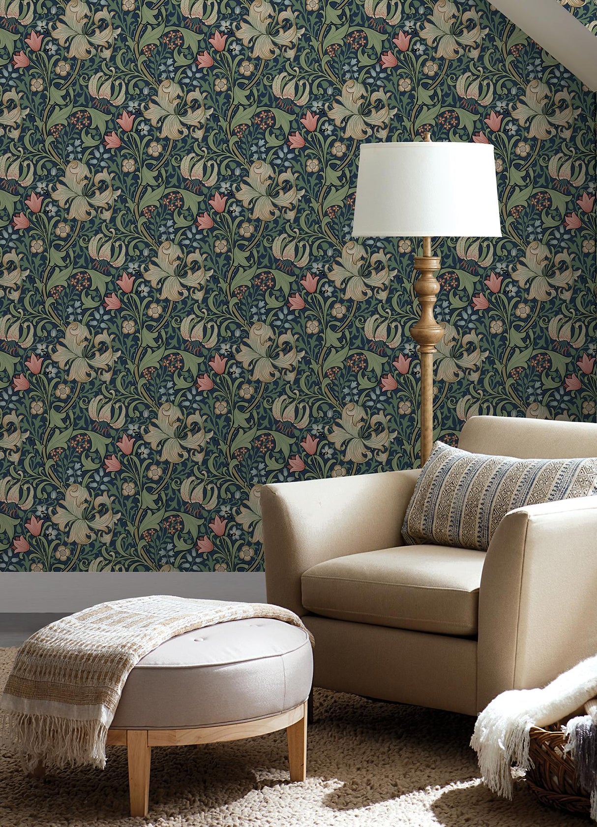 York Golden Lily Indigo and Rose Peel and Stick Wallpaper