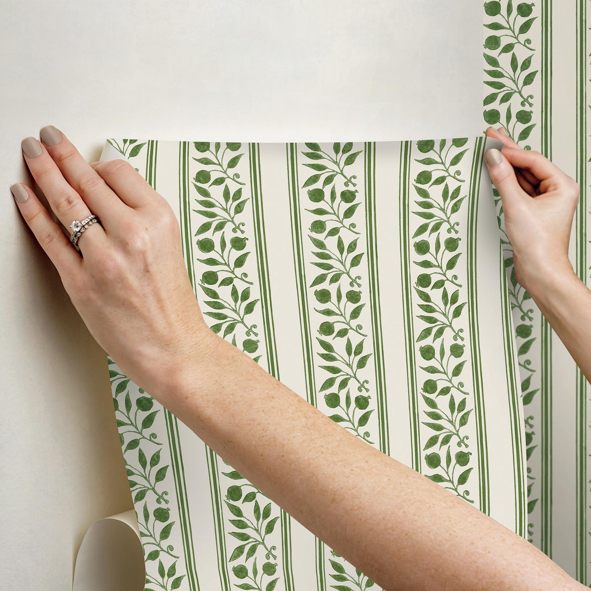 York Rosehip Stripe Boughs Green Peel and Stick Wallpaper