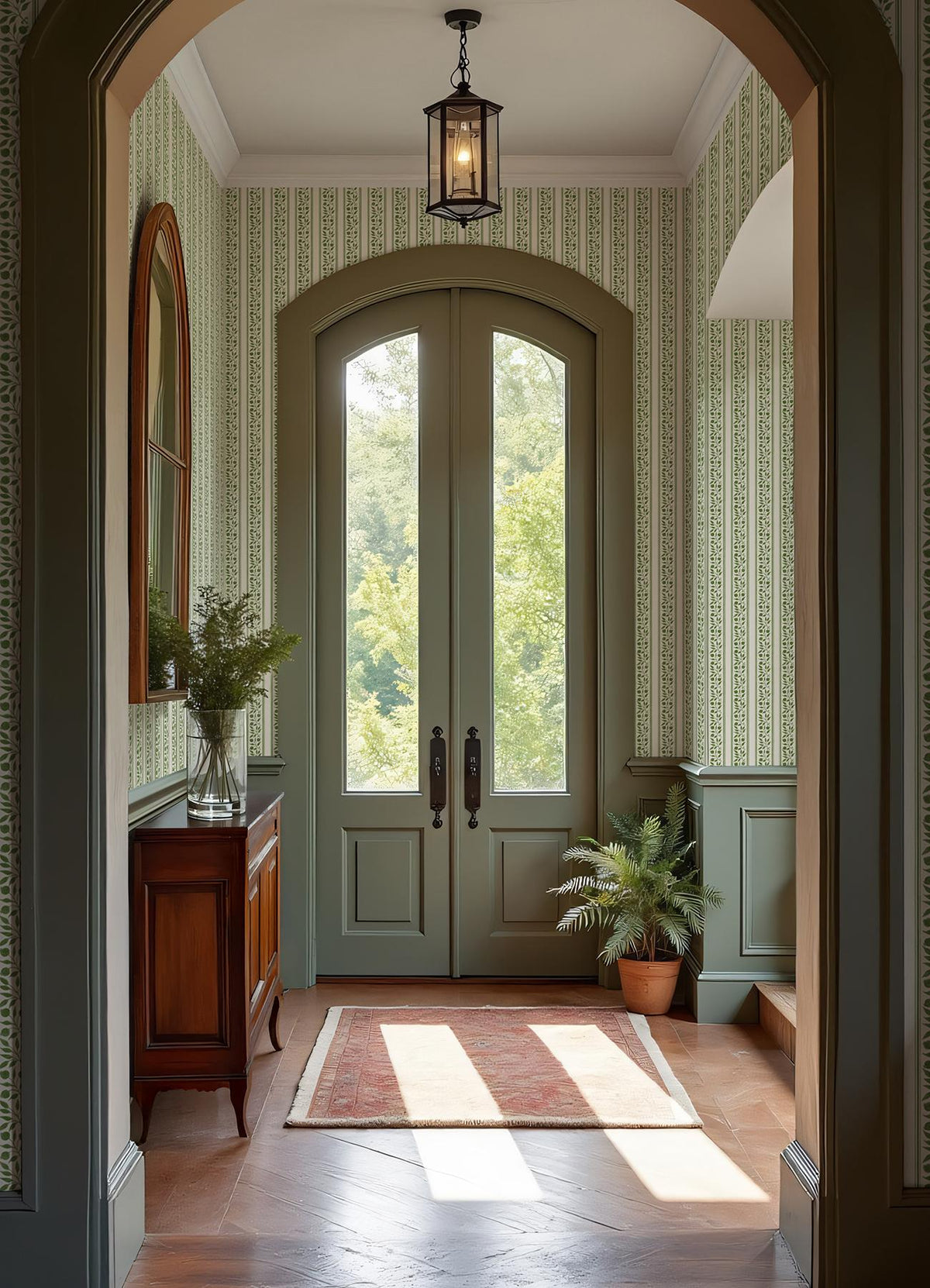 York Rosehip Stripe Boughs Green Peel and Stick Wallpaper
