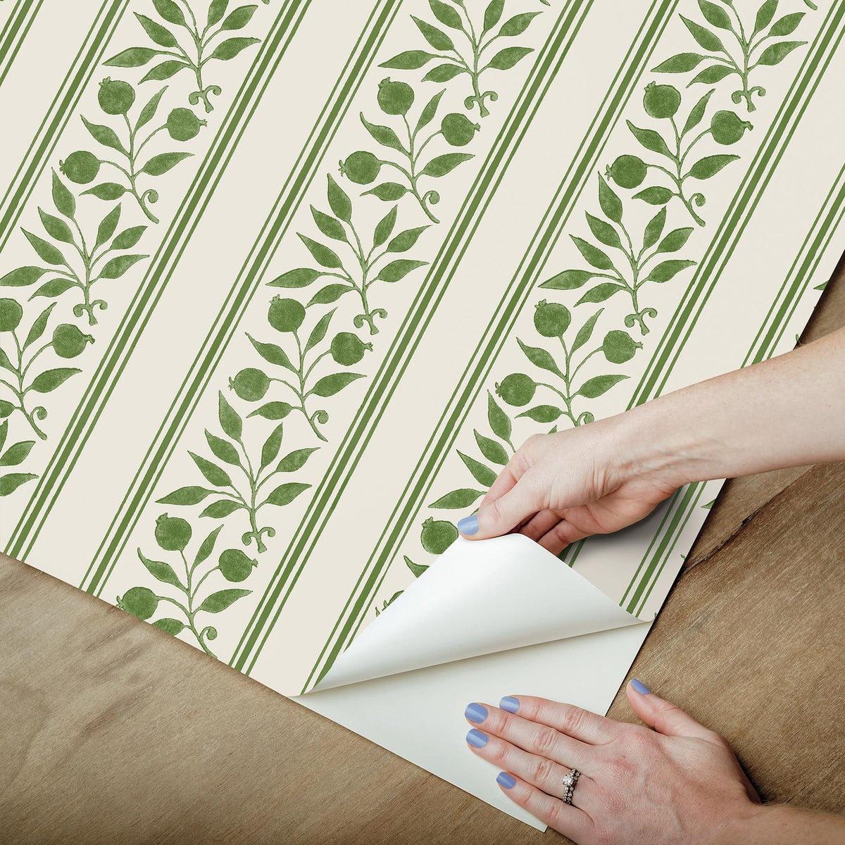 York Rosehip Stripe Boughs Green Peel and Stick Wallpaper
