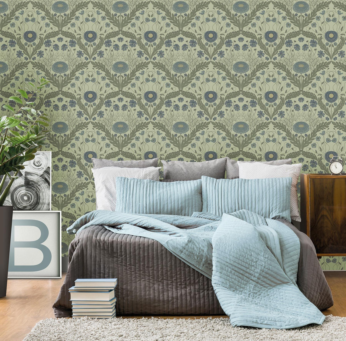 York Marguerite Green Damask Wallpaper