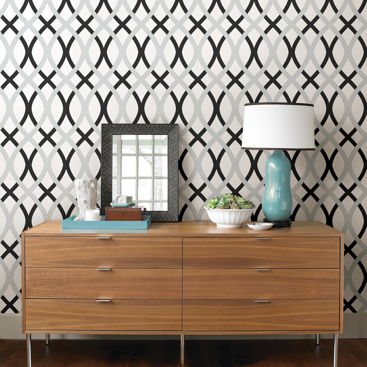 York Black and Silver Lattice Peel & Stick Wallpaper