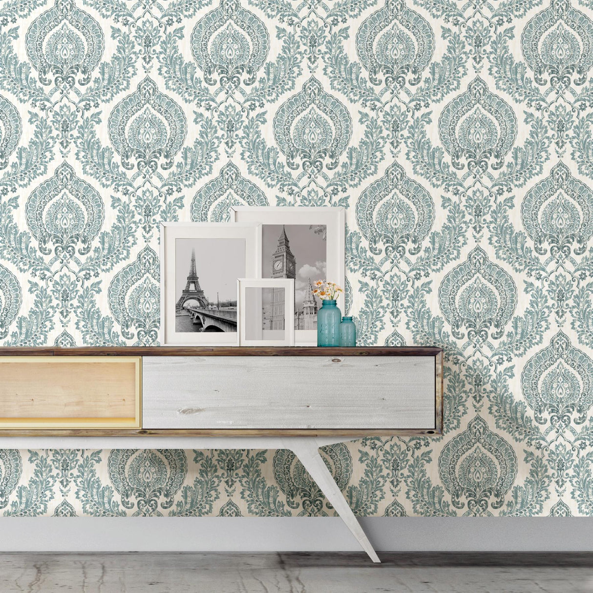 York Kensington Damask Blue Peel & Stick Wallpaper