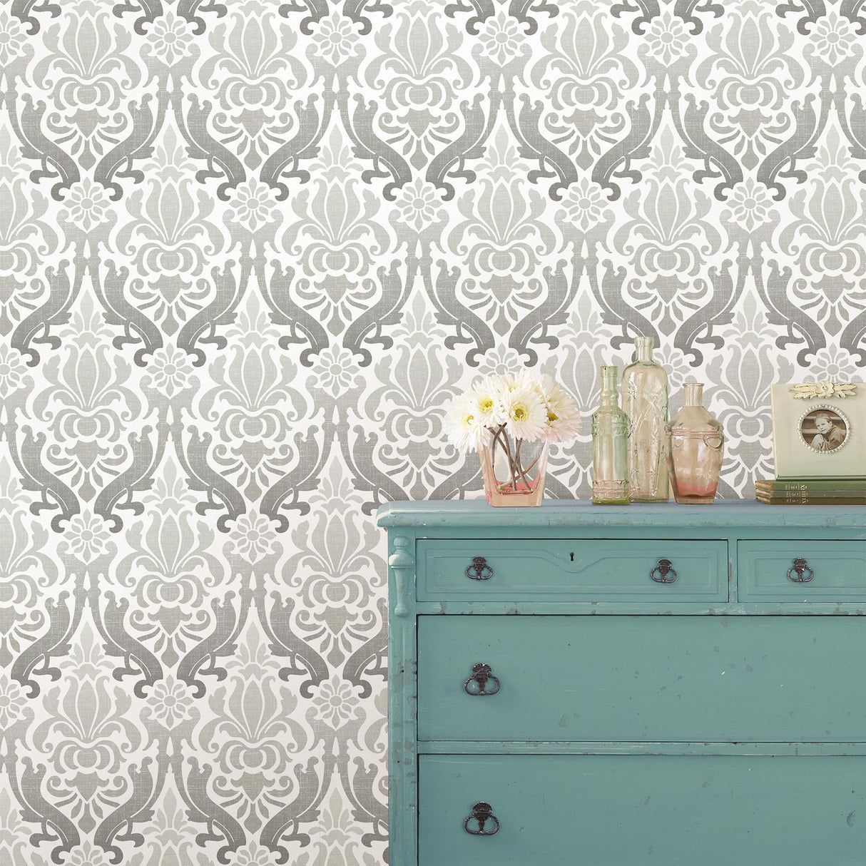 York Grey Nouveau Damask Peel & Stick Wallpaper
