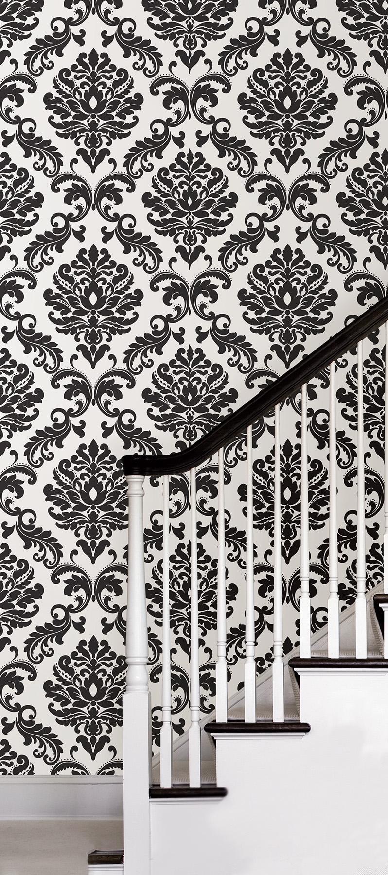 York Ariel Black & White Damask Peel & Stick Wallpaper