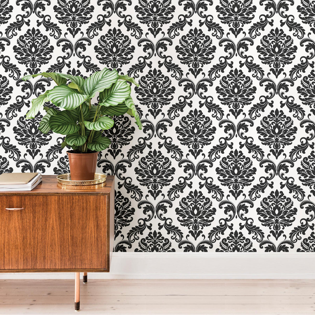 York Ariel Black & White Damask Peel & Stick Wallpaper