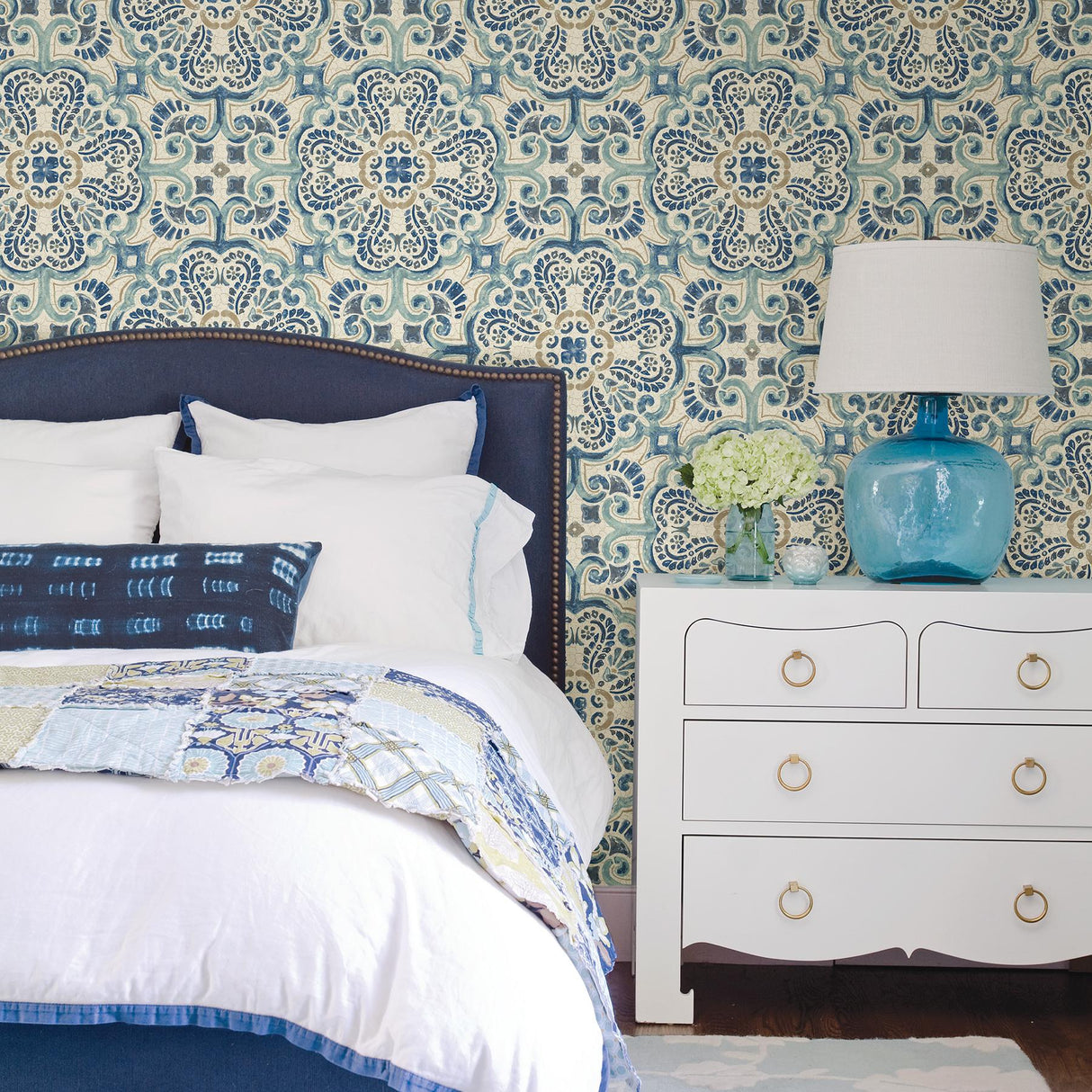 York Blue Florentine Tile Peel & Stick Wallpaper