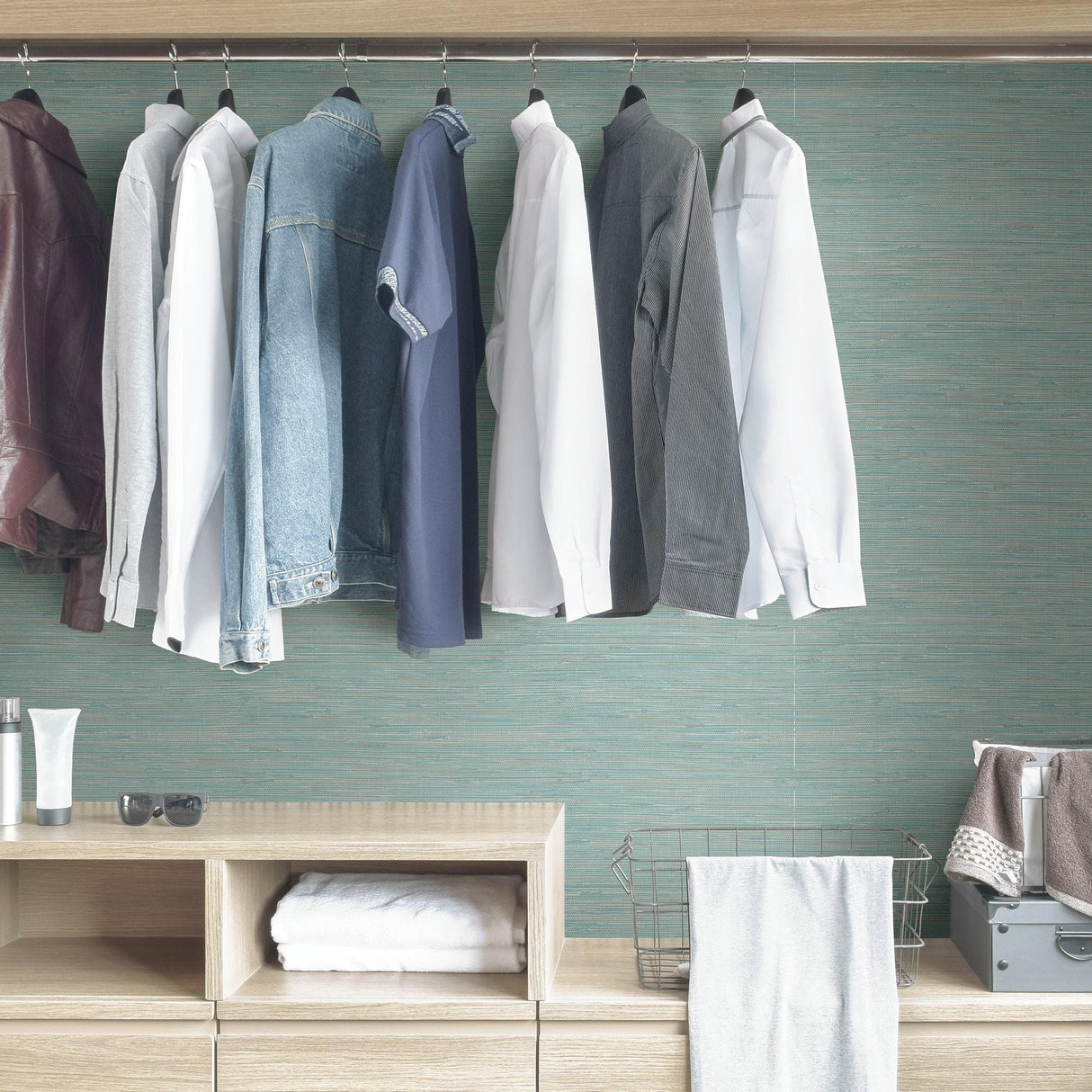 York Tibetan Grasscloth Teal Peel & Stick Wallpaper