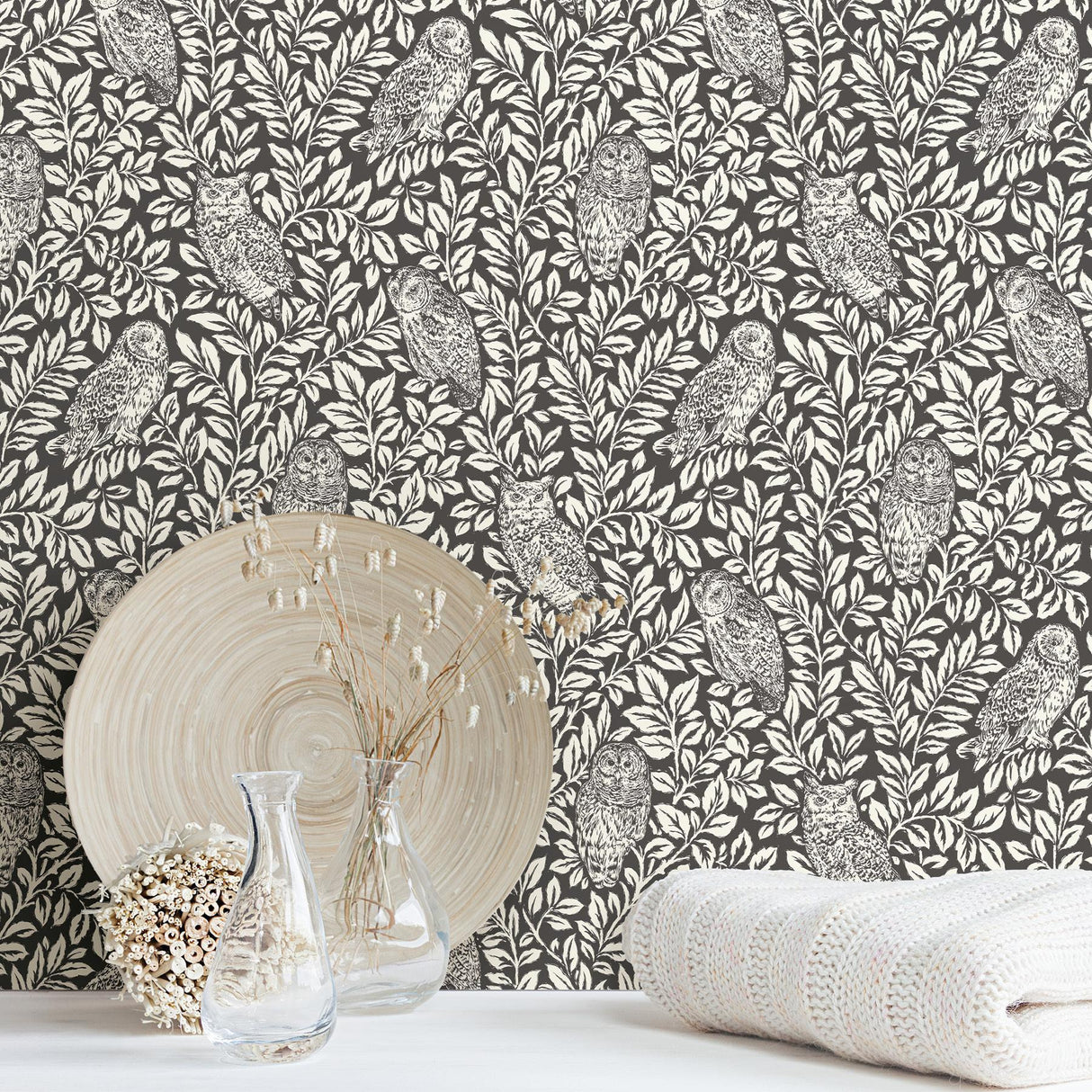 York Charcoal Sleepy Owls Peel & Stick Wallpaper