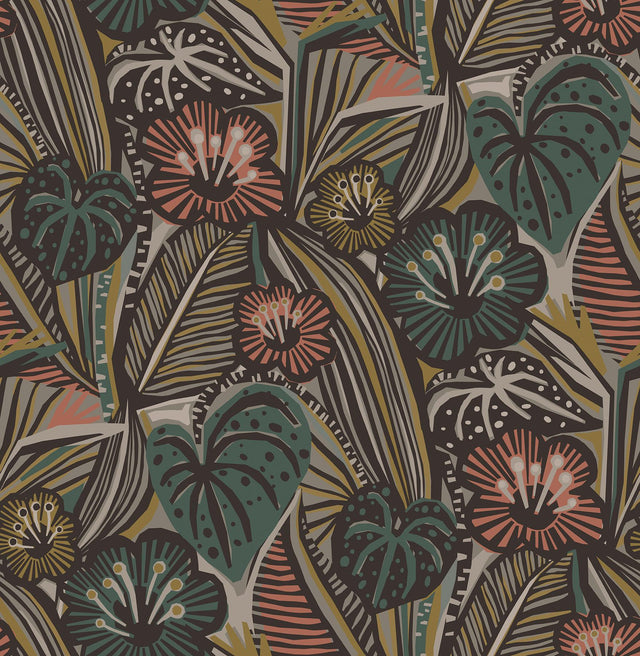 York Coral Teal Lotusland Peel & Stick Wallpaper