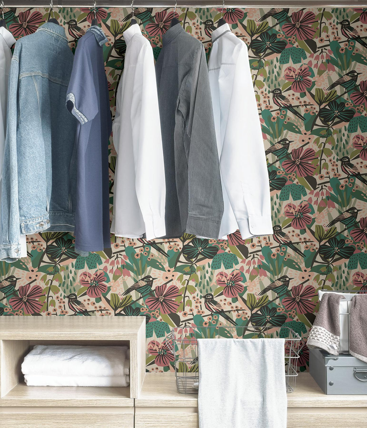 York Teal Pink Jaybird Peel & Stick Wallpaper