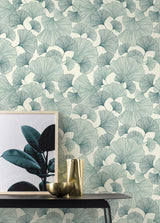 York Waft Teal Ginkgo Wallpaper