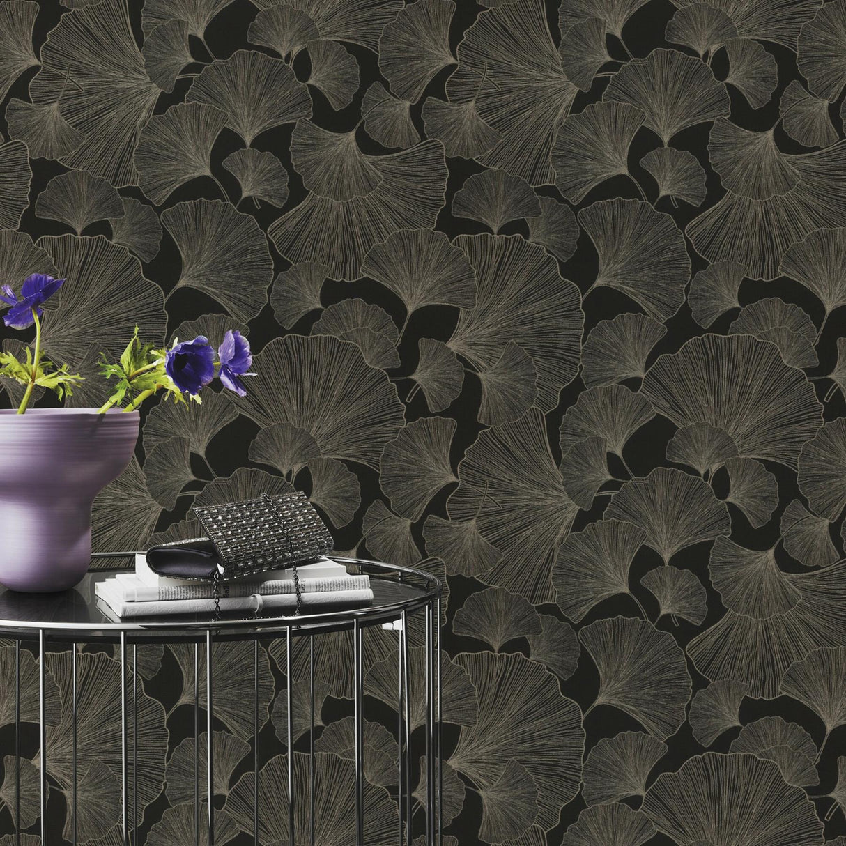 York Waft Black Ginkgo Wallpaper