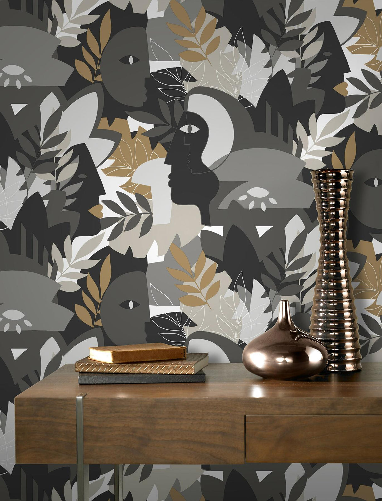 York Giacometti Grey Flora & Faces Wallpaper