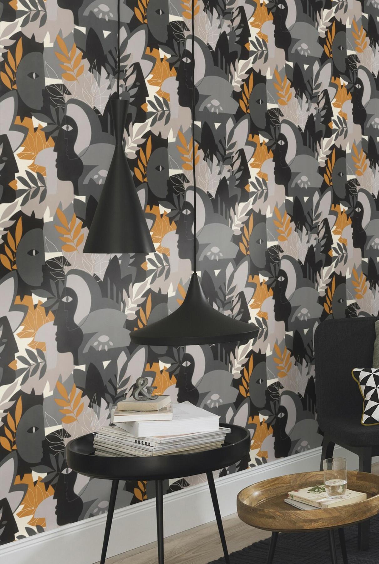 York Giacometti Grey Flora & Faces Wallpaper