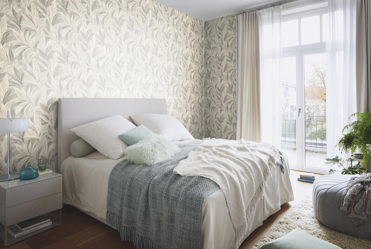 York Rennie Grey Leaves Wallpaper