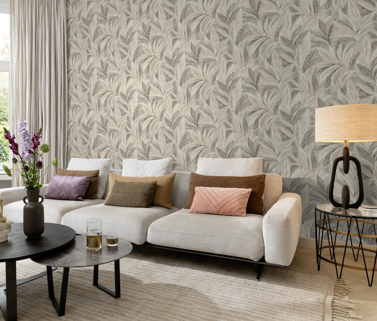 York Rennie Grey Leaves Wallpaper