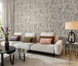 York Rennie Grey Leaves Wallpaper