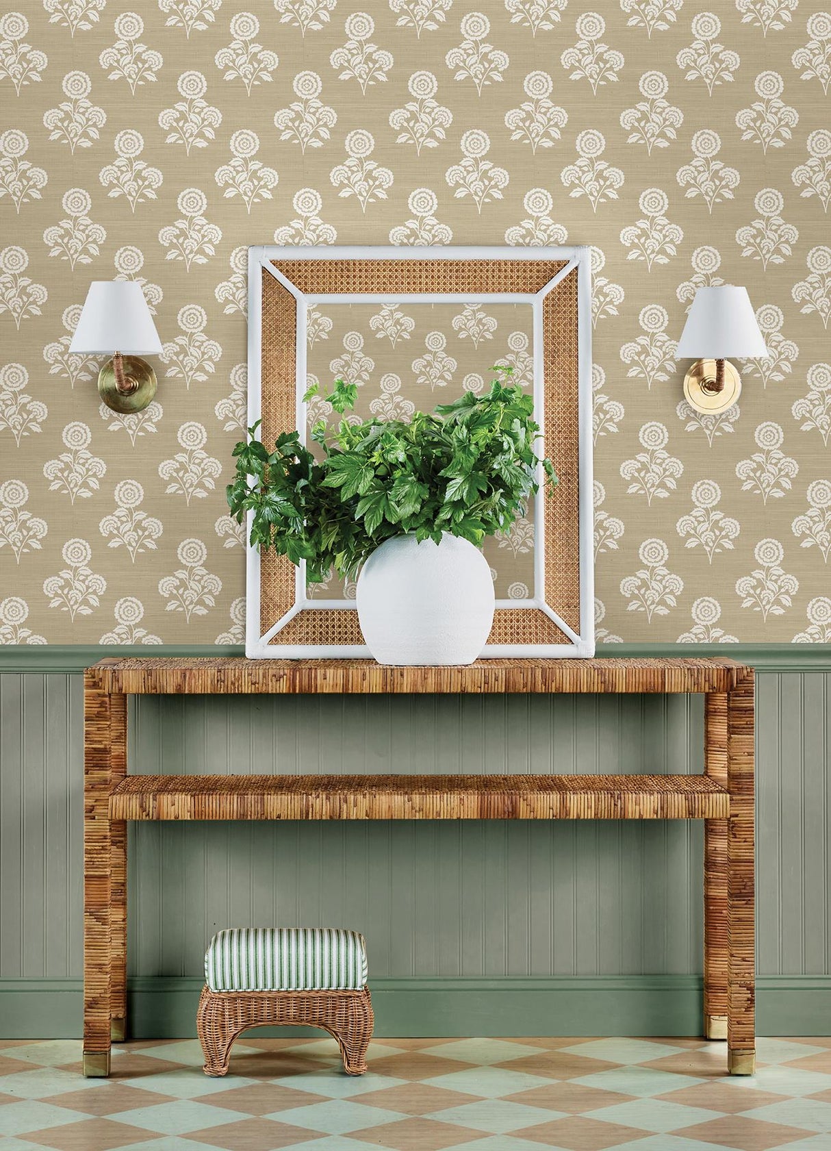 York Flourish Block Print Wheat Faux Grasscloth Peel & Stick Wallpaper