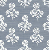 York Flourish Block Print Mineral Blue Faux Grasscloth Peel & Stick Wallpaper